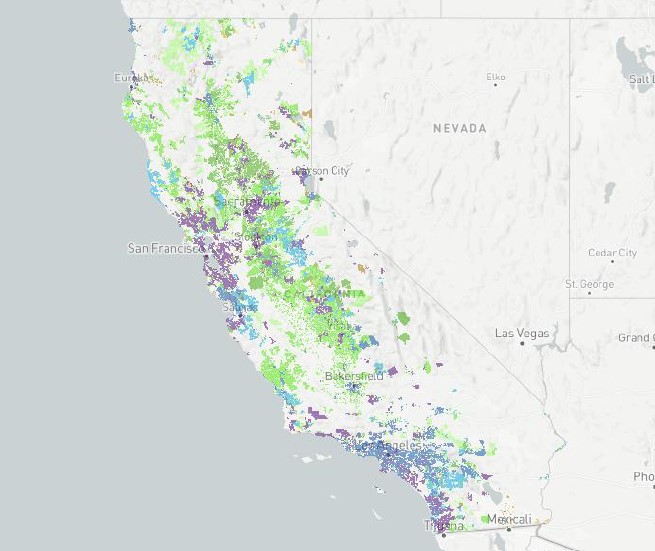 Sample of the interactive broadband map that shows California highlighted in different colors to illustrate reported broadband speeds.