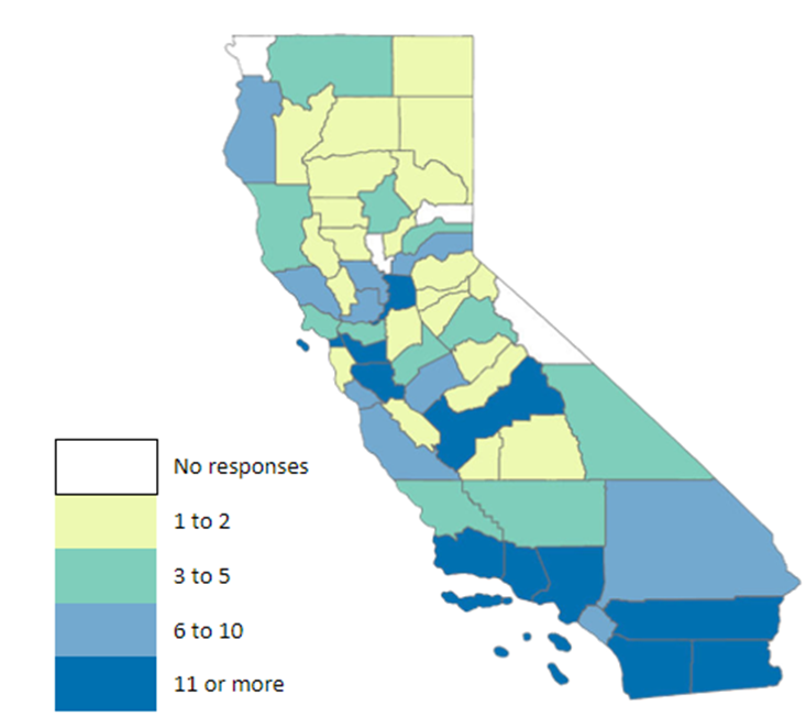 Legend of the map. White box: No responses, lime green: 1 to 2, green 3 to 5, light blue: 6 to 10, and blue 11 0r more.