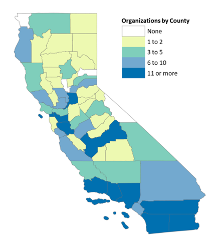 Map of California indicating the locations of organizations by county. See table below for details.