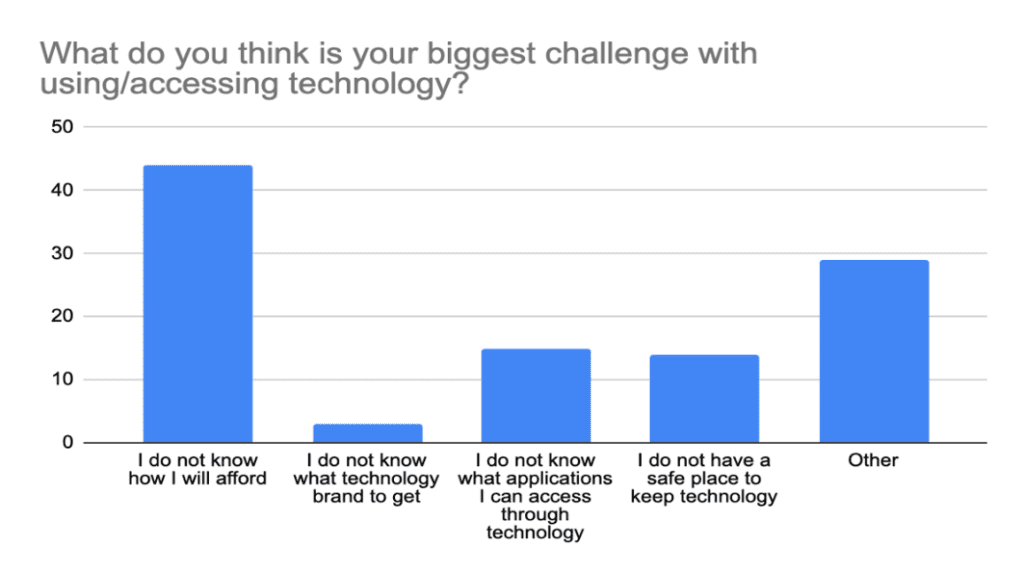 Bar chart of results of survey question "What do you think is your biggest challenge with using/accessing technology?". Responses are: I do not know how I will afford, I do not know what technology brand to get, I do not know what applications I can access, I do not have a safe place to keep technology, other.