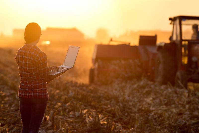 Woman holding a laptop standing on an agriculture field.